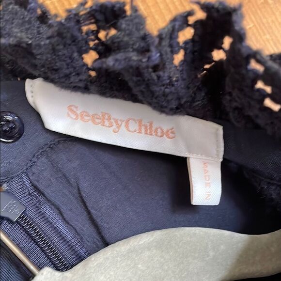 See by Chloe Navy ruffled neckline eyelet Dress - Picture 6 of 12